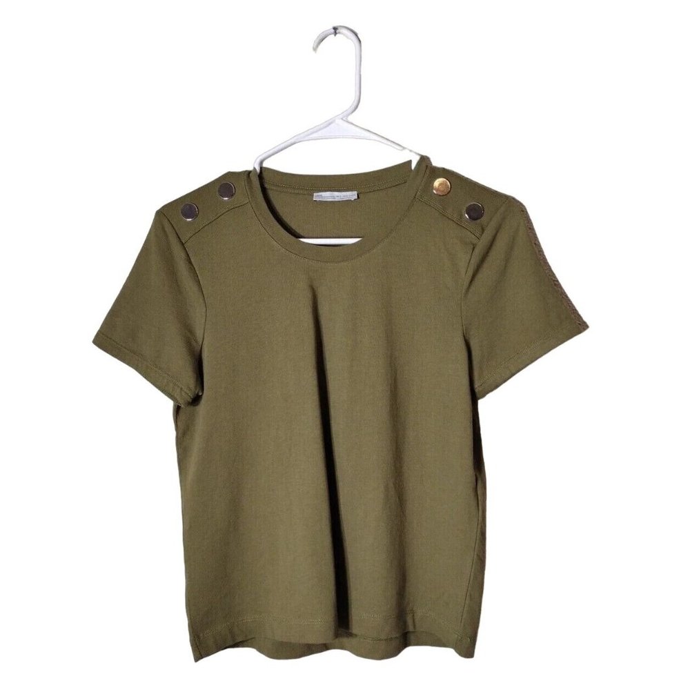 Zara Top Womens Small Short Sleeve Olive Green Metal Shoulder Detail